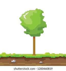 vector pixel style green tree with green grass isolated on white. pixel art concept design element. 8 bit Game scene with green landscape