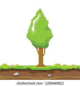 vector pixel style green tree with green grass isolated on white. pixel art concept design element. 8 bit Game scene with green landscape