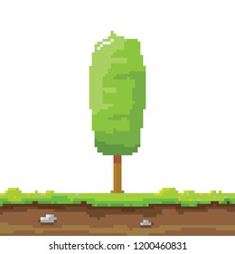 vector pixel style green tree with green grass isolated on white. pixel art concept design element. 8 bit Game scene with green landscape