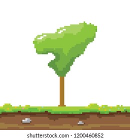 vector pixel style green tree with green grass isolated on white. pixel art concept design element. 8 bit Game scene with green landscape