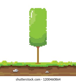vector pixel style green tree with green grass isolated on white. pixel art concept design element. 8 bit Game scene with green landscape