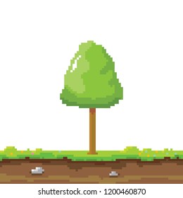 vector pixel style green tree with green grass isolated on white. pixel art concept design element. 8 bit Game scene with green landscape
