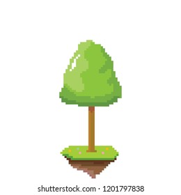 vector pixel style green tree with green grass isolated on white. pixel art concept design element. 8 bit Game scene with green landscape