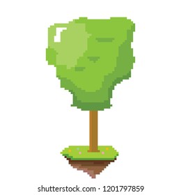vector pixel style green tree with green grass isolated on white. pixel art concept design element. 8 bit Game scene with green landscape