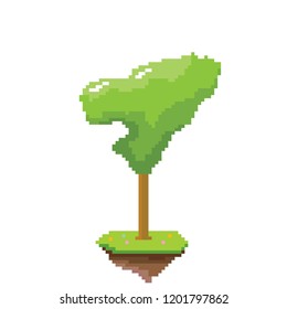 vector pixel style green tree with green grass isolated on white. pixel art concept design element. 8 bit Game scene with green landscape