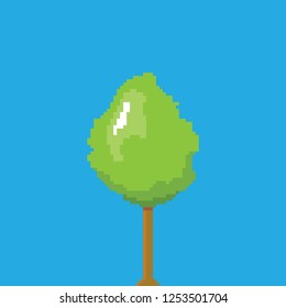 vector pixel style green tree isolated on blue sky background. pixel art concept design element