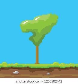vector pixel style green tree with green grass isolated on blue sky background. pixel art concept design element. 8 bit Game scene with green landscape