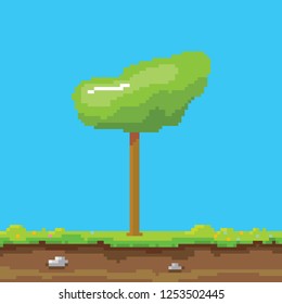 vector pixel style green tree with green grass isolated on blue sky background. pixel art concept design element. 8 bit Game scene with green landscape