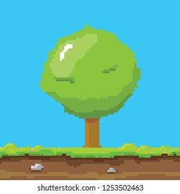 vector pixel style green tree with green grass isolated on blue sky background. pixel art concept design element. 8 bit Game scene with green landscape