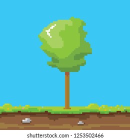 vector pixel style green tree with green grass isolated on blue sky background. pixel art concept design element. 8 bit Game scene with green landscape