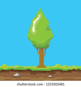 vector pixel style green tree with green grass isolated on blue sky background. pixel art concept design element. 8 bit Game scene with green landscape