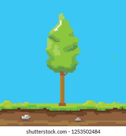vector pixel style green tree with green grass isolated on blue sky background. pixel art concept design element. 8 bit Game scene with green landscape