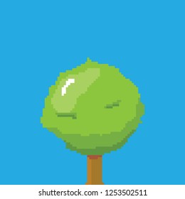 vector pixel style green tree isolated on blue sky background. pixel art concept design element