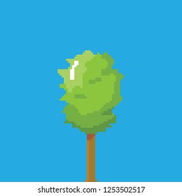 vector pixel style green tree isolated on blue sky background. pixel art concept design element
