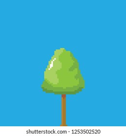 vector pixel style green tree isolated on blue sky background. pixel art concept design element