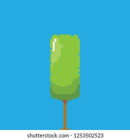 vector pixel style green tree isolated on blue sky background. pixel art concept design element
