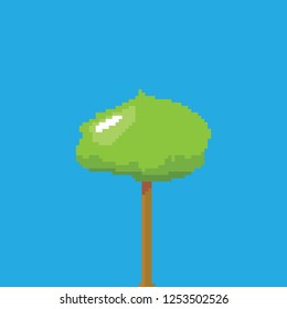 vector pixel style green tree isolated on blue sky background. pixel art concept design element