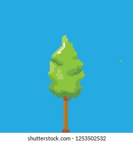 vector pixel style green tree isolated on blue sky background. pixel art concept design element