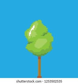 vector pixel style green tree isolated on blue sky background. pixel art concept design element