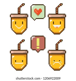 vector pixel style orange cola paper can set isolated on white. Fast food pixel icon set. Game character collection