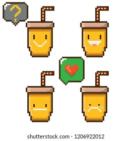 vector pixel style orange cola paper can set isolated on white. Fast food pixel icon set. Game character collection