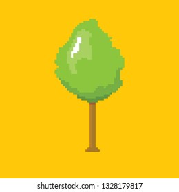 vector pixel style summer green tree isolated on orange background. pixel art concept design element 