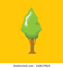 vector pixel style summer green tree isolated on orange background. pixel art concept design element 