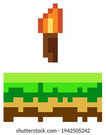 Vector pixel torch. Pixel art 8-bit. Illustration of pixelated object with fire on white background