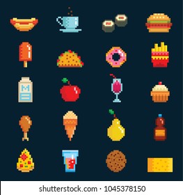 Vector pixelart fast food icons sign computer game design symbol web graphic fastfood cuisine symbols illustration fast restaurant pixelated elements burger, hot dog, pizza and drinks