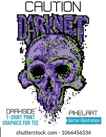 Vector pixelart illustration for t-shirt, graphics for tee, image for clothes and souvenirs. Terrible darknet skull. Hidden dark side - pixel art print. Cool 8 bit rock punk skull on white background