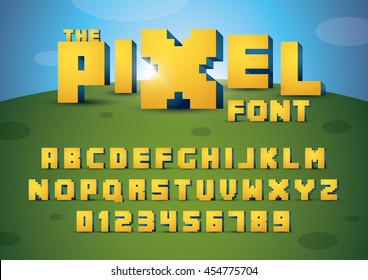 Vector of pixelated font and alphabet