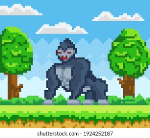 Vector pixelated Gorilla cartoon pixel design wild animal in natural landscape with trees and green grass. Retro 8 bit art mobile app or computer game personage pixel-game huge angry monkey in forest