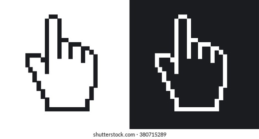Vector pixelated hand cursor. Two-tone version on black and white background