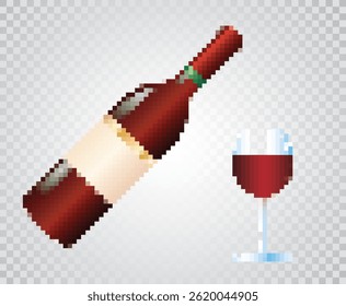 vector pixelated illustration of bottle and glass of red wine