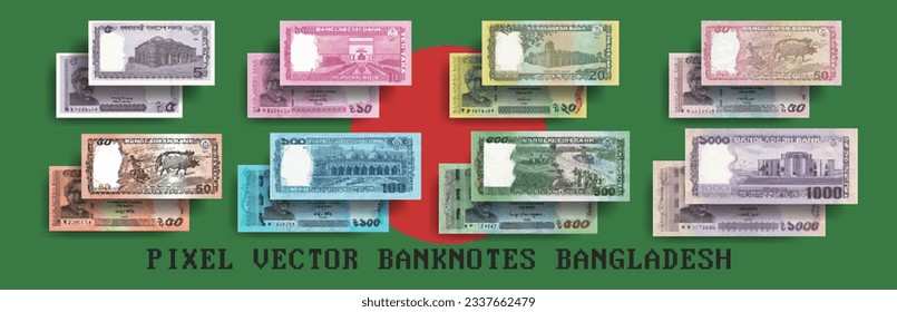 Vector pixelated mosaic Bangladesh banknote set. Notes in denominations of 5, 10, 20, 50, 100, 500 and 1000 Bangladeshi taka. Flyers or play money.