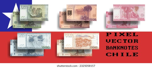 Vector pixelated mosaic set of Chile banknotes. Bills in denominations from 1000 to 20000 Chilean pesos. Flyers or play money.