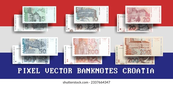 Vector pixelated mosaic set of Croatian banknotes. Notes in denominations of 5, 10, 20, 50, 100 and 200 HRK. Croatia. Kuna. Flyers or play money.