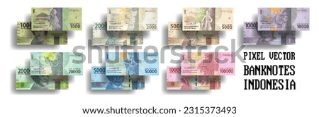 Vector pixelated mosaic set of Indonesian banknotes. Bills in denominations from 1000 to 100000 Indonesian rupiah.