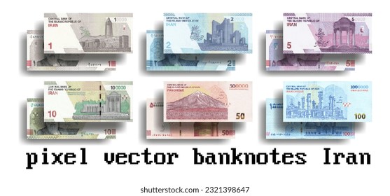 Vector pixelated mosaic set of new Iranian banknotes. Bills in denominations of 1, 2, 5, 10, 50 and 100 Iranian tomans. Millions of rials.