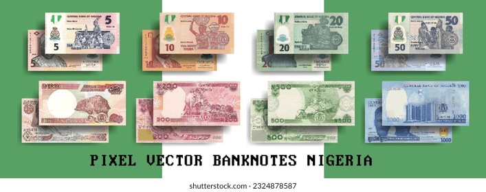 Conjunto de mosaicos vectoriales pixelados de billetes nigerianos. Notas en las denominaciones 5, 10, 20, 50, 100, 200, 500 y 1000 naira. Volantes o dinero.