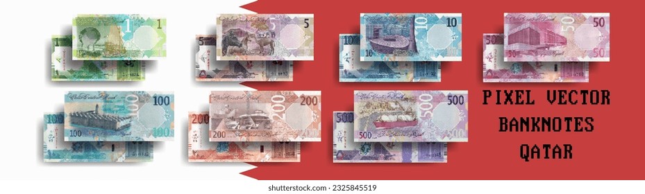 Vektorpixeliges Mosaik-Set aus Qatar-Banknoten. Rechnungen in Stückelungen von 1, 5, 10, 50, 100, 200 und 500 Qatari-Reisen. Flyer oder Geld spielen.