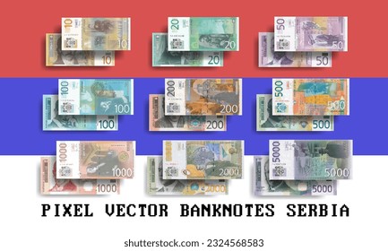 Vector pixelated mosaic set of Serbian banknotes. Bills in denominations from 10 to 5000 dinars. Serbia. Flyers or play money.