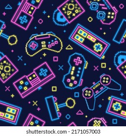 Vector pixelated seamless pattern of gamepads. Neon.