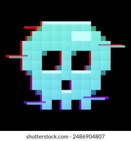 Vector pixelated skull. Glitch effect, 8 bit retro game style icon, sticker.