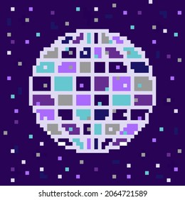 Vector pixeló la ilustración estilizada de una bola disco espejo. Fiesta retro, evento, arte de juegos, baldosas de colores. Luces, reflexión. Arte de píxeles