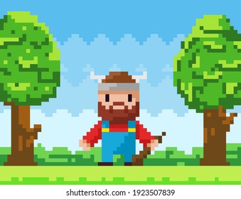 Vector pixel-game character brave viking. Illustration of pixelated man with club in nature landscape forest background. Cartoon person to use in computer game. Minimalistic pixel warrior with cudgel