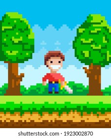 Carácter de píxel-juego vectorial. Ilustración de un hombre pixelado con una espada de acero en el paisaje natural de fondo forestal. Persona de dibujos animados a usar en juegos de computadora. Guerrero de píxeles minimalista con armas