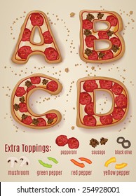 Vector Pizza alphabet.  Hand drawn letters made to look like pizza letters A through D