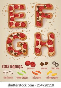 Vector Pizza alphabet.  Hand drawn letters made to look like pizza letters E through H