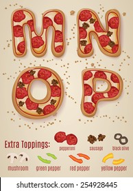 Vector Pizza alphabet.  Hand drawn letters made to look like pizza letters M through P